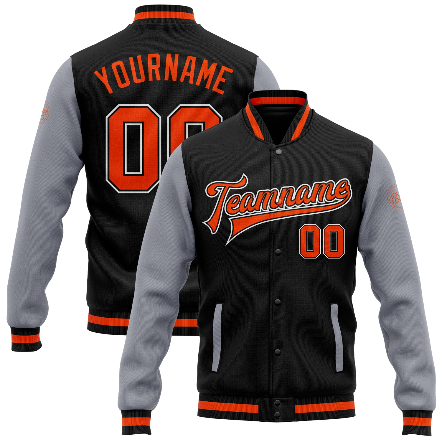 Custom Black Orange-Gray Bomber Full-Snap Varsity Letterman Two Tone Jacket