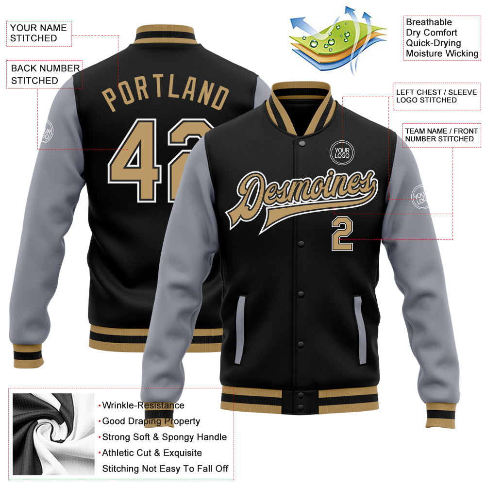 Custom Black Old Gold-Gray Bomber Full-Snap Varsity Letterman Two Tone Jacket