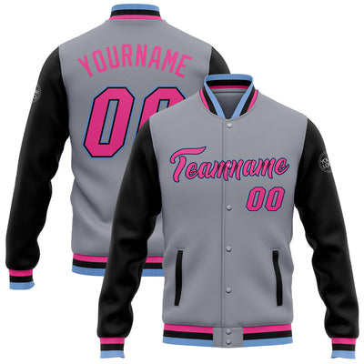 Custom Gray Pink Black-Light Blue Bomber Full-Snap Varsity Letterman Two Tone Jacket