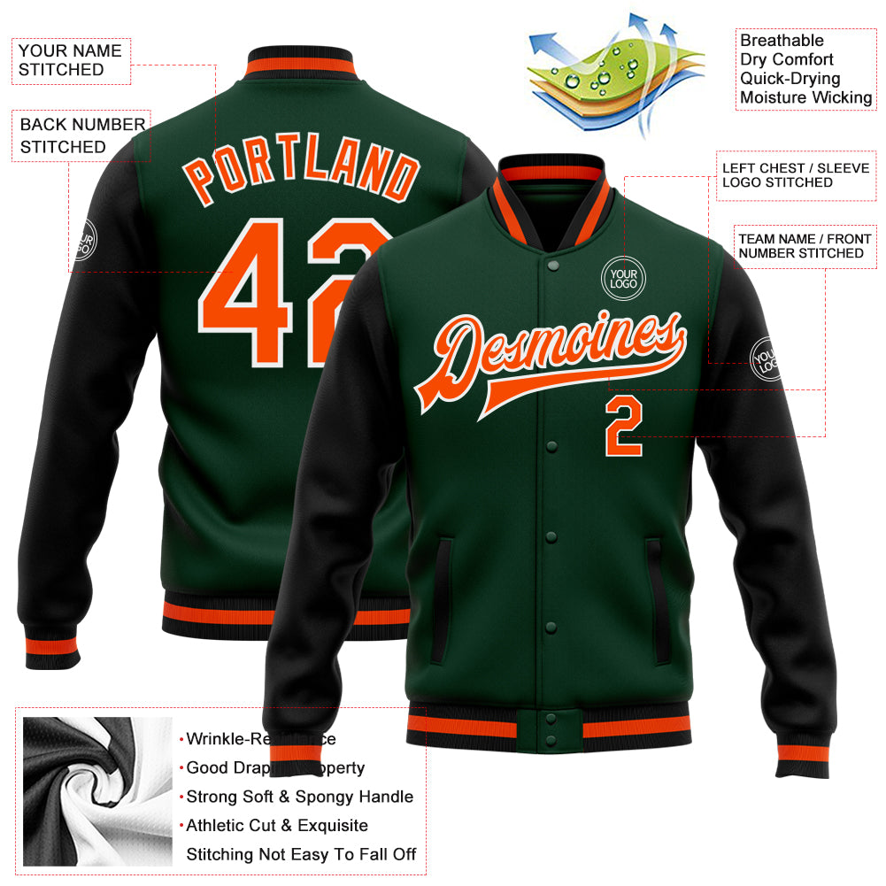 Custom Green Orange-Black Bomber Full-Snap Varsity Letterman Two Tone Jacket