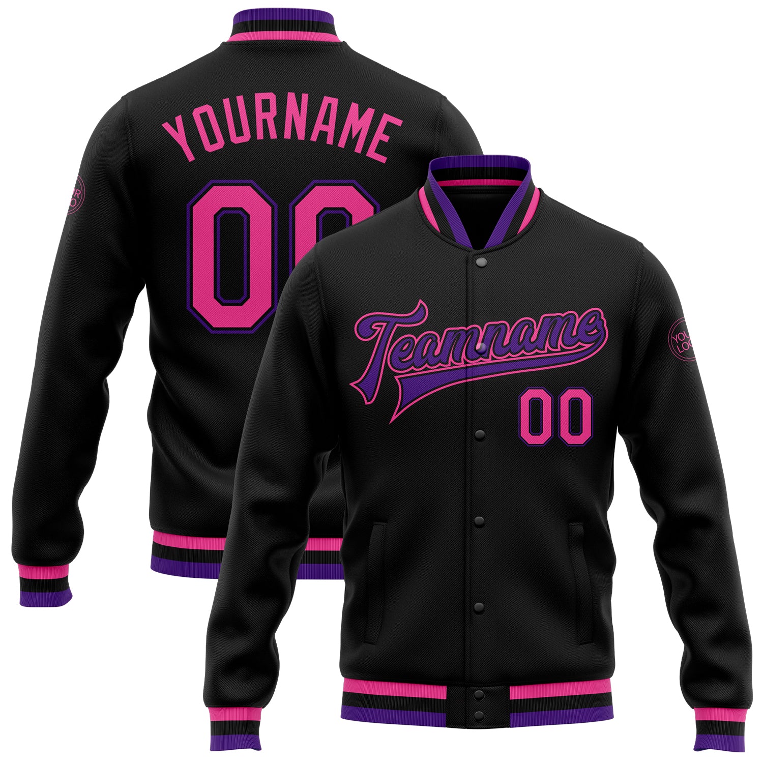 Custom Black Pink-Purple Bomber Full-Snap Varsity Letterman Jacket