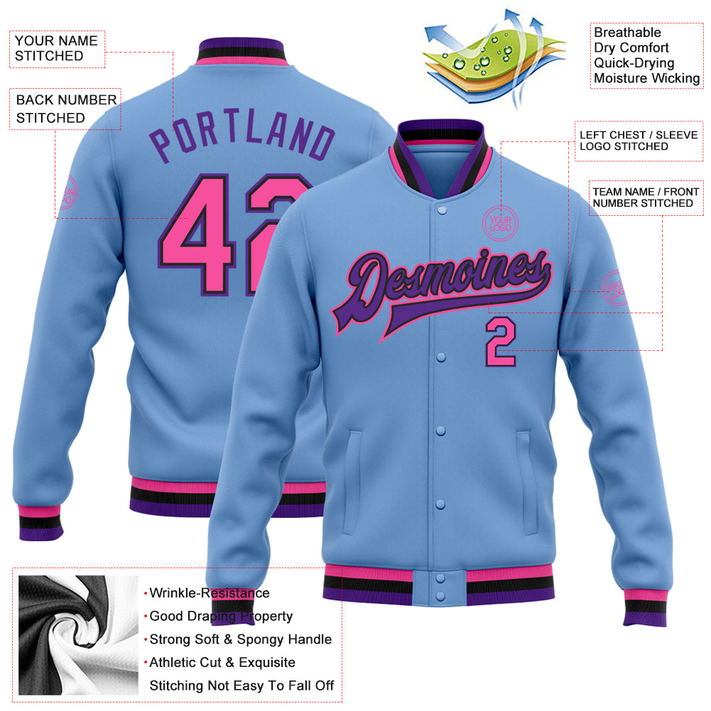 Cheap Custom Purple Light Blue-White Bomber Full-Snap Varsity