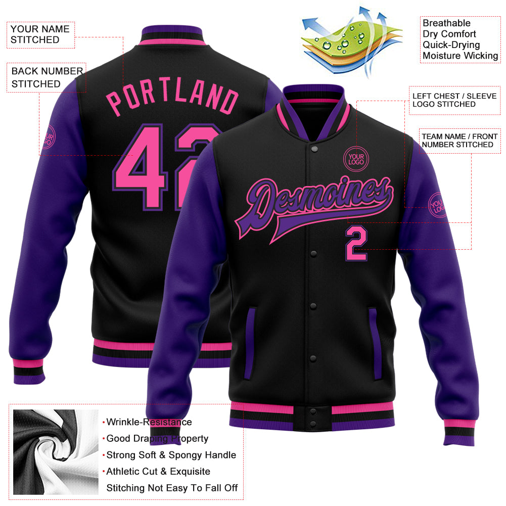 Custom Black Pink-Purple Bomber Full-Snap Varsity Letterman Two Tone Jacket Men's Size:3XL