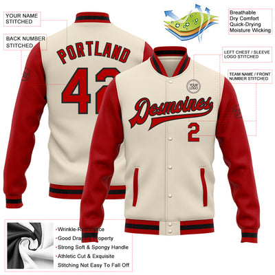 Custom Cream Red-Black Bomber Full-Snap Varsity Letterman Two Tone Jacket