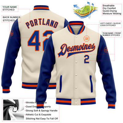 Custom Cream Royal-Orange Bomber Full-Snap Varsity Letterman Two Tone Jacket