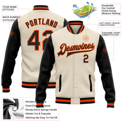 Custom Cream Black-Orange Bomber Full-Snap Varsity Letterman Two Tone Jacket