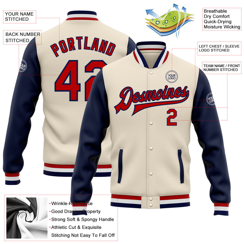 Custom Cream Red-Navy Bomber Full-Snap Varsity Letterman Two Tone Jacket