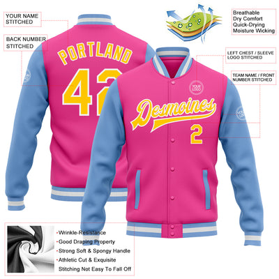 Custom Pink Yellow-Light Blue Bomber Full-Snap Varsity Letterman Two Tone Jacket