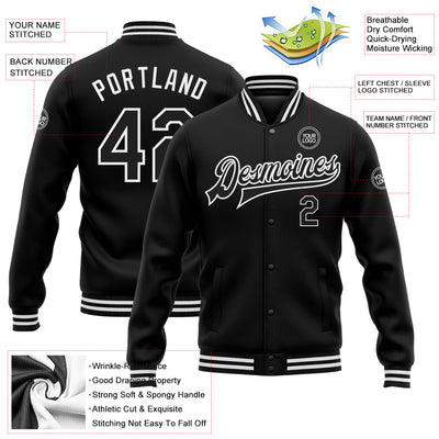 Custom Black White Bomber Full-Snap Varsity Letterman Jacket