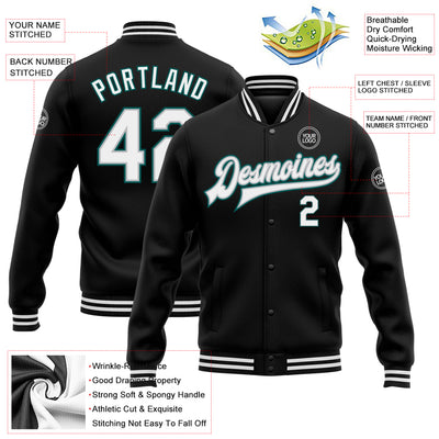 Custom Black White Gray-Midnight Green Bomber Full-Snap Varsity Letterman Jacket