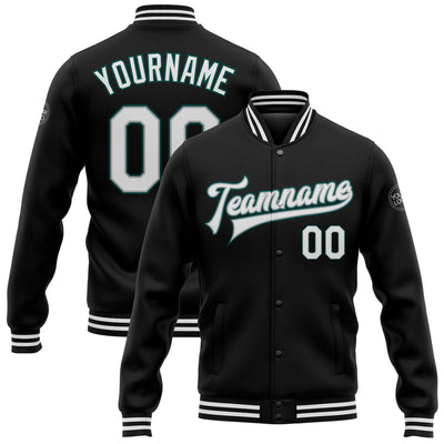 Custom Black White Gray-Midnight Green Bomber Full-Snap Varsity Letterman Jacket