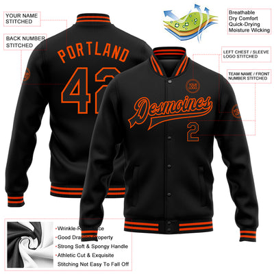 Custom Black Orange Bomber Full-Snap Varsity Letterman Jacket