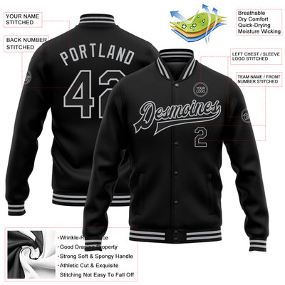 Custom Black Gray Bomber Full-Snap Varsity Letterman Jacket