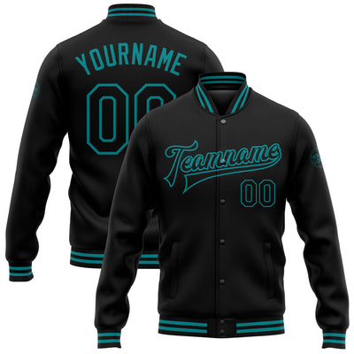 Custom Black Teal Bomber Full-Snap Varsity Letterman Jacket