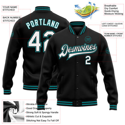 Custom Black White-Teal Bomber Full-Snap Varsity Letterman Jacket