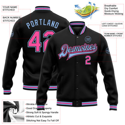 Custom Black Pink-Light Blue Bomber Full-Snap Varsity Letterman Jacket