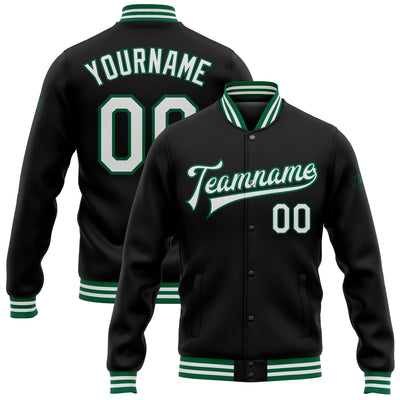 Custom Black White-Kelly Green Bomber Full-Snap Varsity Letterman Jacket