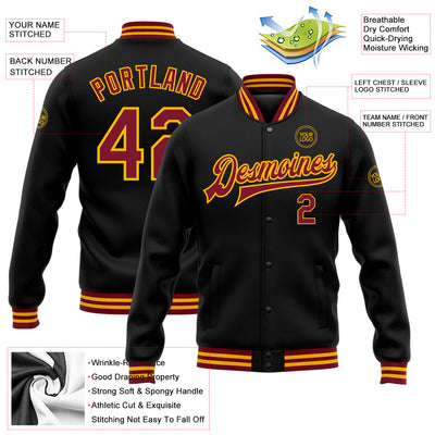 Custom Black Crimson-Gold Bomber Full-Snap Varsity Letterman Jacket