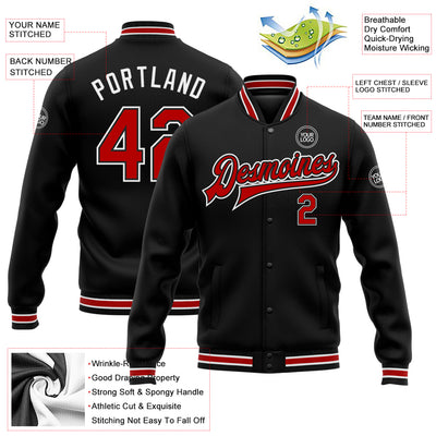 Custom Black Red-White Bomber Full-Snap Varsity Letterman Jacket