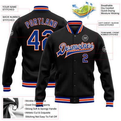 Custom Black Royal-Orange Bomber Full-Snap Varsity Letterman Jacket