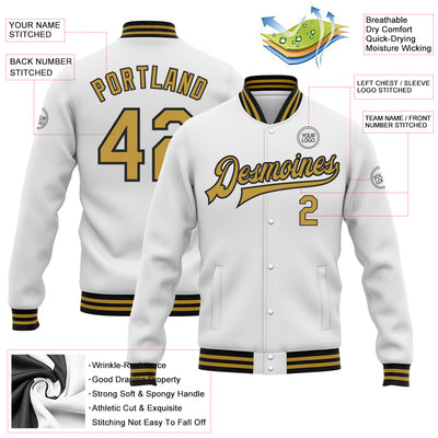 Custom White Old Gold-Black Bomber Full-Snap Varsity Letterman Jacket