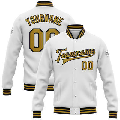 Custom White Old Gold-Black Bomber Full-Snap Varsity Letterman Jacket