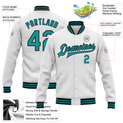 Custom White Teal-Black Bomber Full-Snap Varsity Letterman Jacket