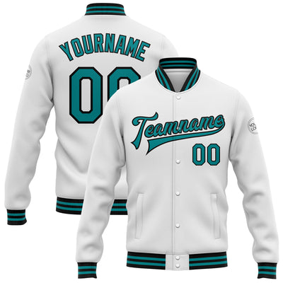 Custom White Teal-Black Bomber Full-Snap Varsity Letterman Jacket