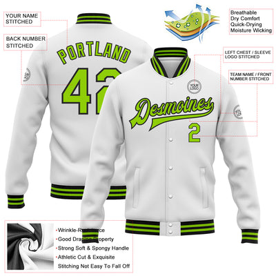 Custom White Neon Green-Black Bomber Full-Snap Varsity Letterman Jacket