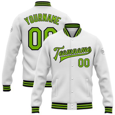 Custom White Neon Green-Black Bomber Full-Snap Varsity Letterman Jacket