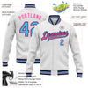 Custom White Sky Blue Black-Pink Bomber Full-Snap Varsity Letterman Jacket