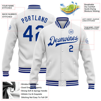 Custom White Royal Bomber Full-Snap Varsity Letterman Jacket