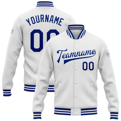 Custom White Royal Bomber Full-Snap Varsity Letterman Jacket