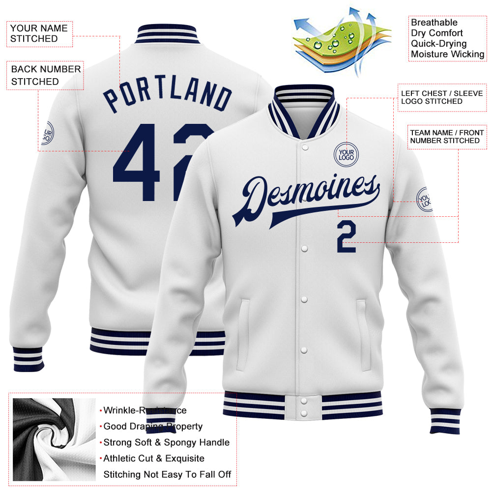 Custom White Navy Bomber Full-Snap Varsity Letterman Jacket