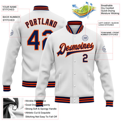 Custom White Navy-Orange Bomber Full-Snap Varsity Letterman Jacket