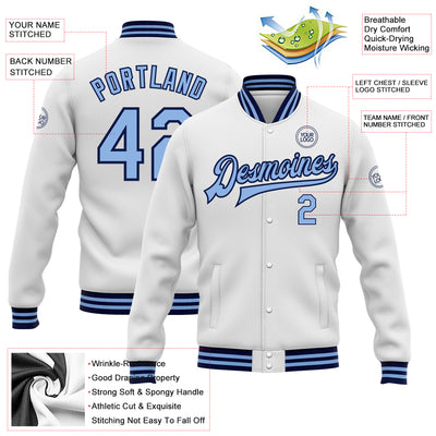 Custom White Light Blue-Navy Bomber Full-Snap Varsity Letterman Jacket