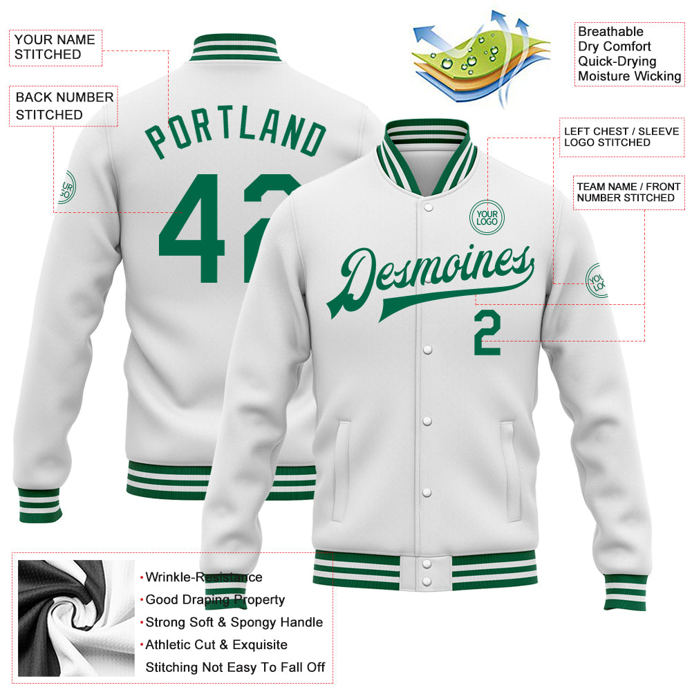 Custom White Kelly Green Bomber Full-Snap Varsity Letterman Jacket