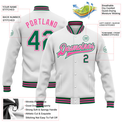 Custom White Kelly Green-Pink Bomber Full-Snap Varsity Letterman Jacket