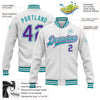 Custom White Purple-Teal Bomber Full-Snap Varsity Letterman Jacket