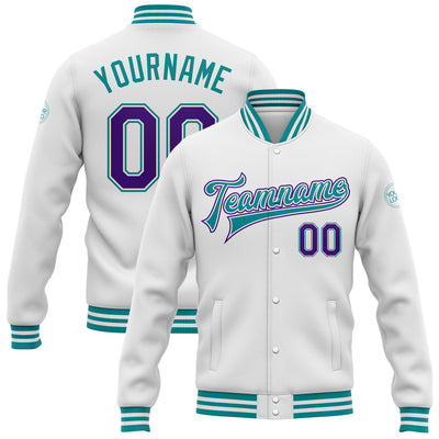 Custom White Purple-Teal Bomber Full-Snap Varsity Letterman Jacket