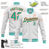 Custom White Aqua-Orange Bomber Full-Snap Varsity Letterman Jacket