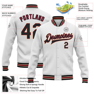 Custom White Black Crimson-City Cream Bomber Full-Snap Varsity Letterman Jacket