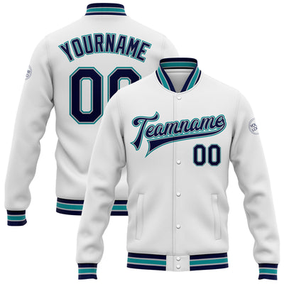 Custom White Navy Gray-Teal Bomber Full-Snap Varsity Letterman Jacket