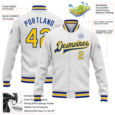 Custom White Yellow-Royal Bomber Full-Snap Varsity Letterman Jacket