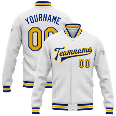 Custom White Yellow-Royal Bomber Full-Snap Varsity Letterman Jacket