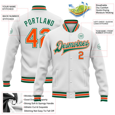 Custom White Orange-Kelly Green Bomber Full-Snap Varsity Letterman Jacket