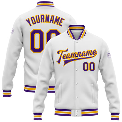 Custom White Purple-Gold Bomber Full-Snap Varsity Letterman Jacket