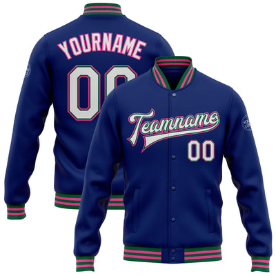 Custom Royal White Kelly Green-Pink Bomber Full-Snap Varsity Letterman Jacket