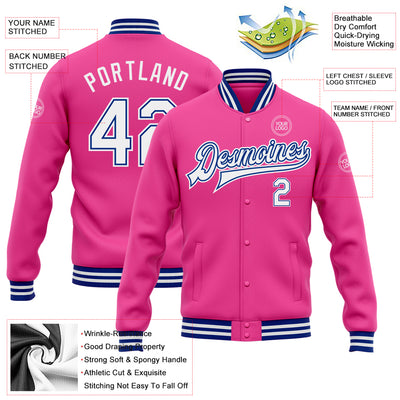 Custom Pink White-Royal Bomber Full-Snap Varsity Letterman Jacket