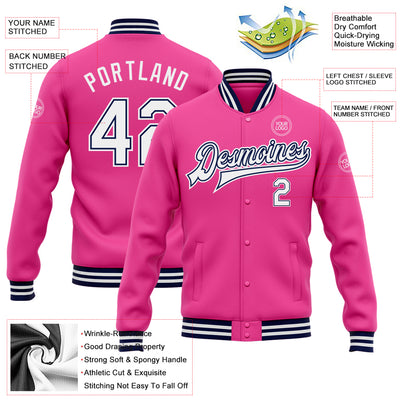 Custom Pink White-Navy Bomber Full-Snap Varsity Letterman Jacket